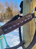 Turquoise Lariat Nose Halter with Chocolate Leather & Teal/Purple Colorshifting Buckstitch