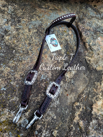 Chocolate Leather Short Cheek Quick Change Headstall with Silver Stud Earpiece