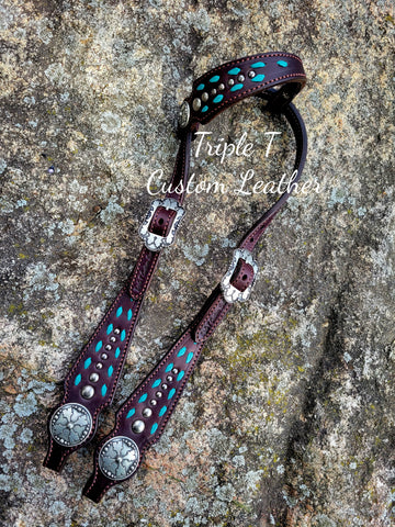 Chocolate Leather Headstall with Turquoise Buckstitch and Antique Silver Studs