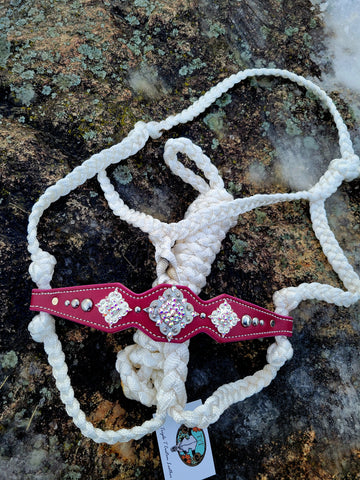 Plum-Pink Leather Noseband with Bling Conchos on White Muletape Halter