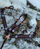 Chocolate Leather Tack Set with White Buckstitch, Copper Studs & White & Copper Daisy Conchos