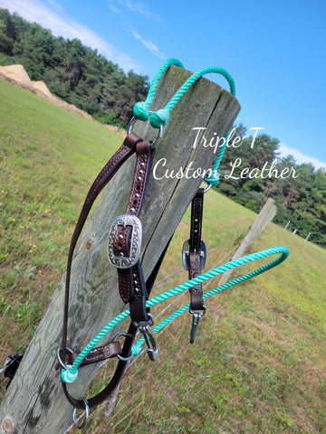 Game Changer Headsetter with Turquoise Rope, Chocolate Leather and Stainless Studs