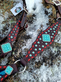 Chocolate Leather Gladiator Tack Set with Wool Inlay, Buckstitch and Turquoise Stone Rimsets