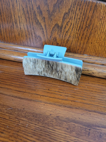 Large 4" Claw Clip- Light Blue Clip with Tan Brindle Cowhide